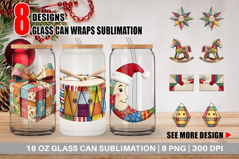 Glass Can Festive Handcrafted Patchwork Sublimation artnoy 