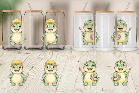 Glass Can First Day School Dino Watercolor Sublimation artnoy 