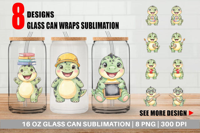 Glass Can First Day School Dino Watercolor Sublimation artnoy 