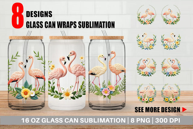 Glass Can Flamingo Embroidery Sublimation artnoy 