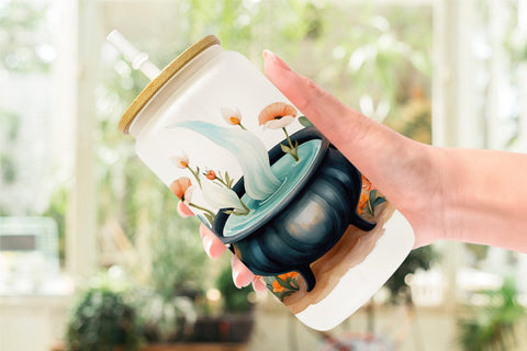 Glass Can Floral Cauldron Watercolor Sublimation artnoy 