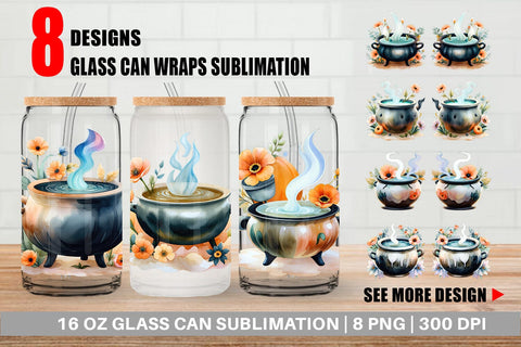 Glass Can Floral Cauldron Watercolor Sublimation artnoy 