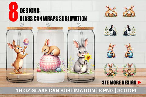 Glass Can Floral Easter Bunny Sublimation artnoy 