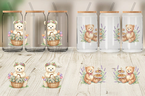 Glass Can Floral Garden Teddy Bear Watercolor Sublimation artnoy 