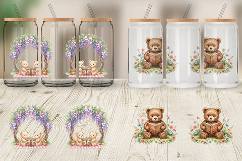 Glass Can Floral Garden Teddy Bear Watercolor Sublimation artnoy 