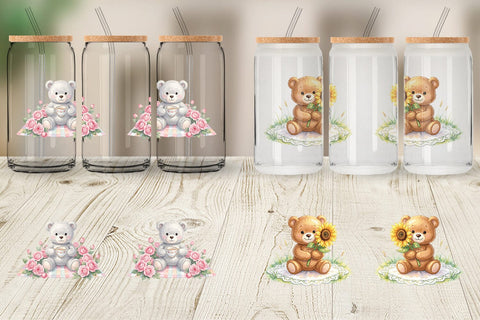Glass Can Floral Garden Teddy Bear Watercolor Sublimation artnoy 