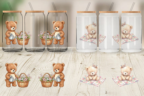 Glass Can Floral Garden Teddy Bear Watercolor Sublimation artnoy 