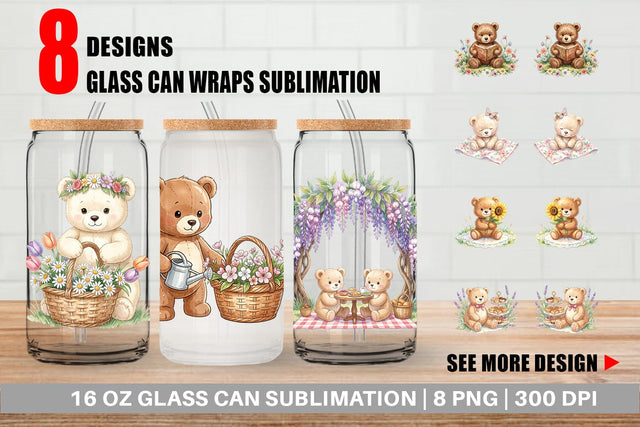 Glass Can Floral Garden Teddy Bear Watercolor Sublimation artnoy 