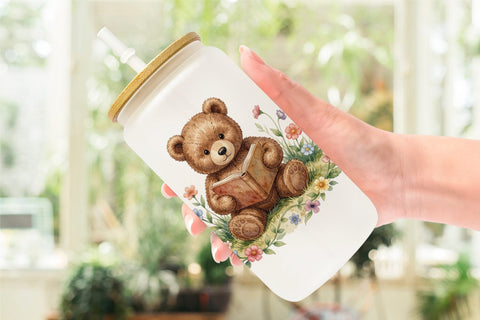 Glass Can Floral Garden Teddy Bear Watercolor Sublimation artnoy 