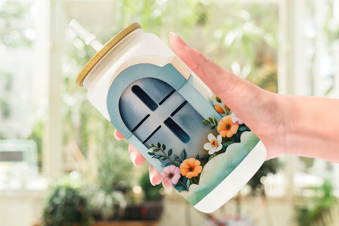 Glass Can Floral Gravestone Watercolor Sublimation artnoy 