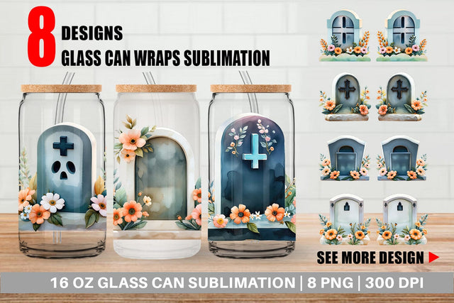 Glass Can Floral Gravestone Watercolor Sublimation artnoy 