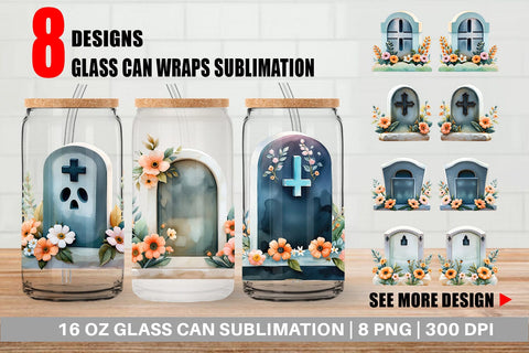 Glass Can Floral Gravestone Watercolor Sublimation artnoy 