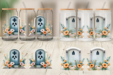 Glass Can Floral Gravestone Watercolor Sublimation artnoy 