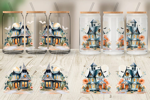 Glass Can Floral Haunted House Watercolor Sublimation artnoy 