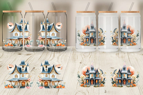 Glass Can Floral Haunted House Watercolor Sublimation artnoy 