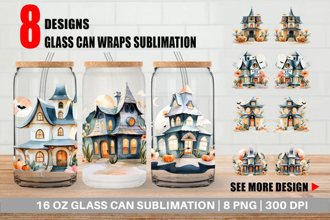 Glass Can Floral Haunted House Watercolor Sublimation artnoy 