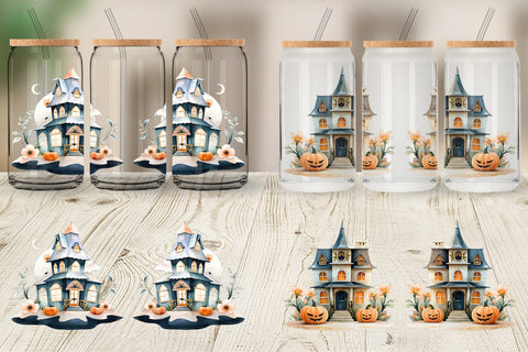 Glass Can Floral Haunted House Watercolor Sublimation artnoy 