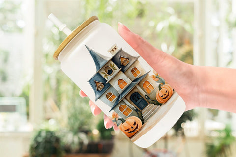 Glass Can Floral Haunted House Watercolor Sublimation artnoy 