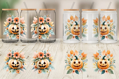 Glass Can Floral Jack-o'-Lantern Watercolor Sublimation artnoy 