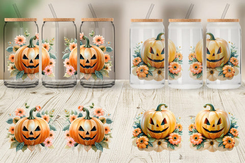 Glass Can Floral Jack-o'-Lantern Watercolor Sublimation artnoy 