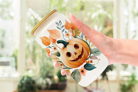 Glass Can Floral Jack-o'-Lantern Watercolor Sublimation artnoy 