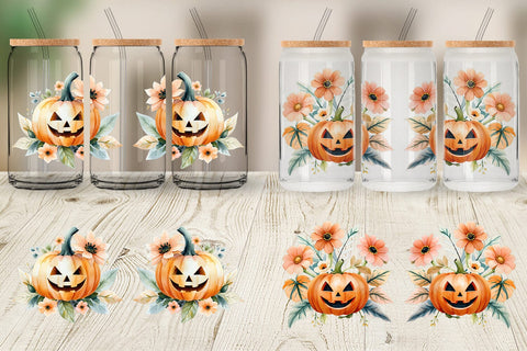 Glass Can Floral Jack-o'-Lantern Watercolor Sublimation artnoy 