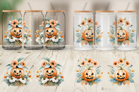 Glass Can Floral Jack-o'-Lantern Watercolor Sublimation artnoy 
