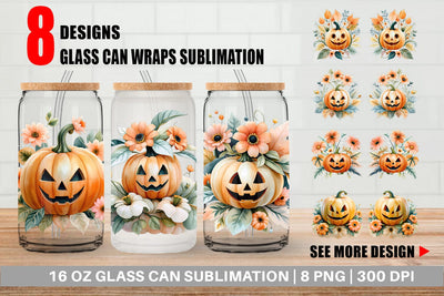 Glass Can Floral Jack-o'-Lantern Watercolor Sublimation artnoy 