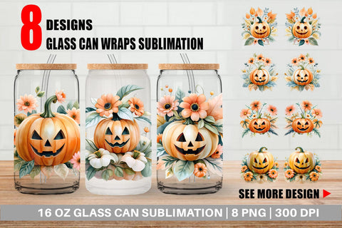 Glass Can Floral Jack-o'-Lantern Watercolor Sublimation artnoy 