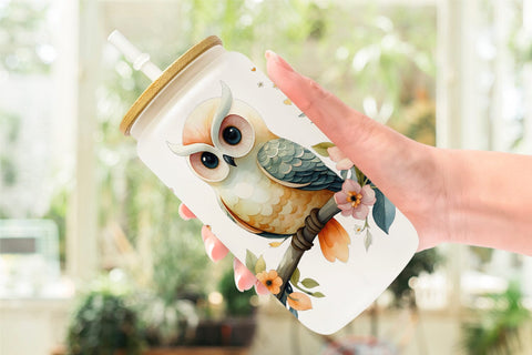 Glass Can Floral Owl Watercolor Sublimation artnoy 