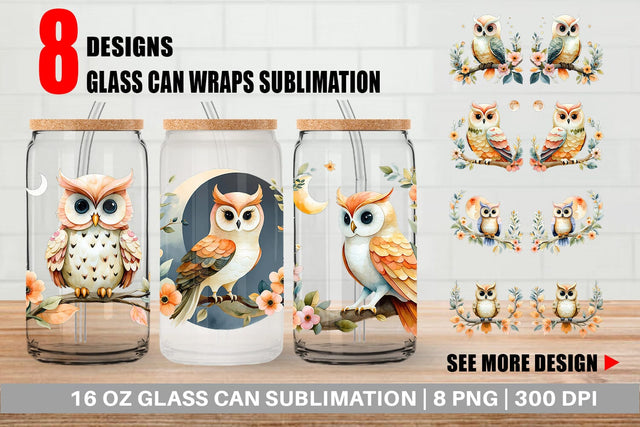 Glass Can Floral Owl Watercolor Sublimation artnoy 