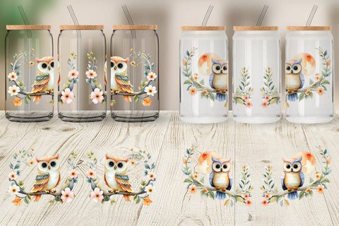Glass Can Floral Owl Watercolor Sublimation artnoy 