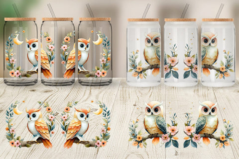 Glass Can Floral Owl Watercolor Sublimation artnoy 