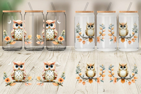 Glass Can Floral Owl Watercolor Sublimation artnoy 