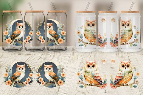 Glass Can Floral Owl Watercolor Sublimation artnoy 