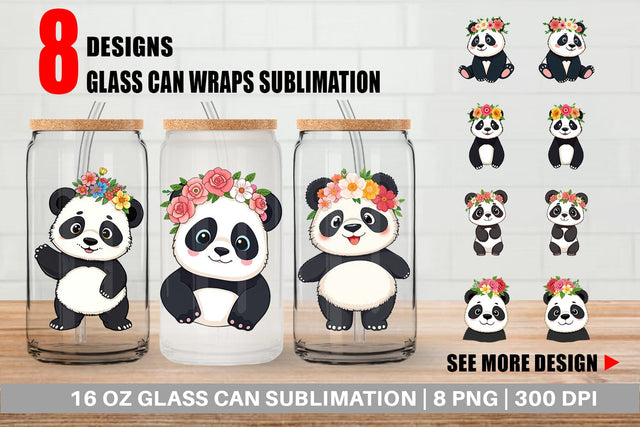 Glass Can Floral Panda Sublimation artnoy 