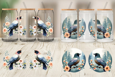 Glass Can Floral Raven Watercolor Sublimation artnoy 