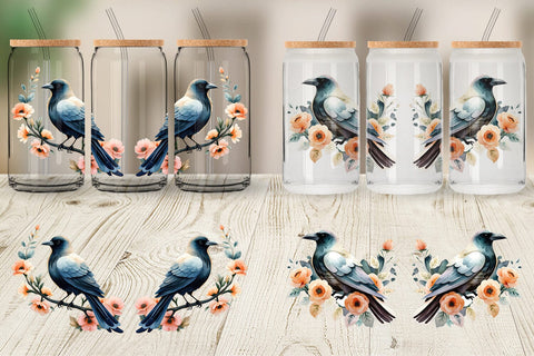 Glass Can Floral Raven Watercolor Sublimation artnoy 