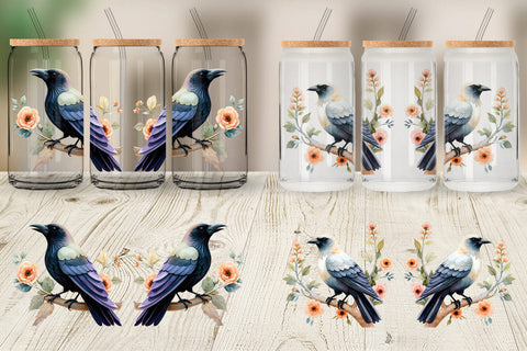 Glass Can Floral Raven Watercolor Sublimation artnoy 