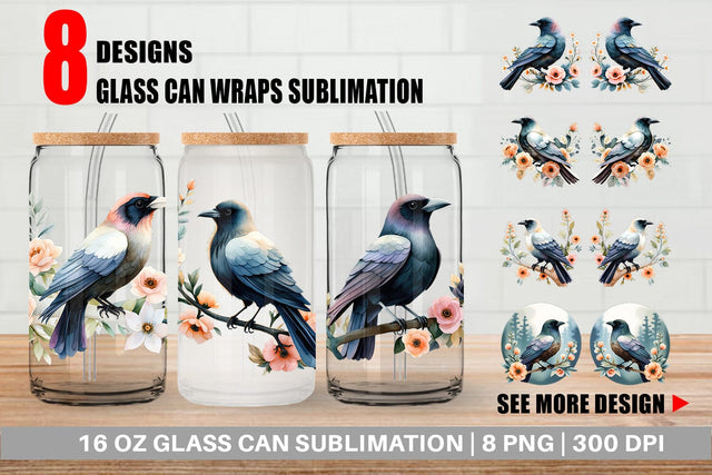 Glass Can Floral Raven Watercolor Sublimation artnoy 