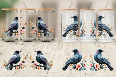 Glass Can Floral Raven Watercolor Sublimation artnoy 