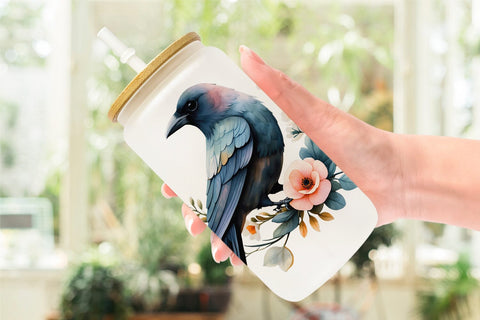 Glass Can Floral Raven Watercolor Sublimation artnoy 