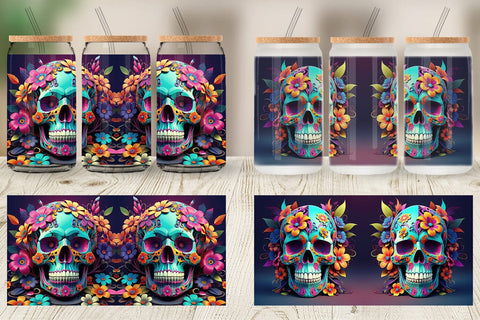 Glass Can Floral Skull Sublimation artnoy 