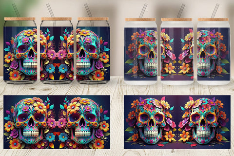 Glass Can Floral Skull Sublimation artnoy 