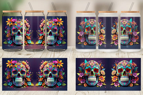 Glass Can Floral Skull Sublimation artnoy 