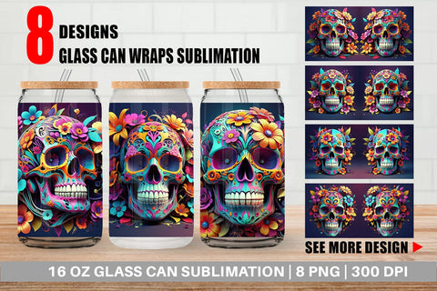 Glass Can Floral Skull Sublimation artnoy 