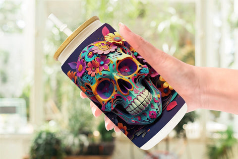 Glass Can Floral Skull Sublimation artnoy 