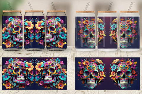 Glass Can Floral Skull Sublimation artnoy 