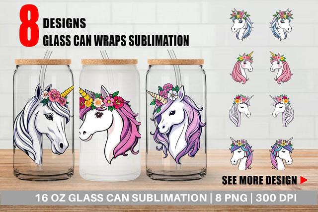 Glass Can Floral Unicorn Sublimation artnoy 