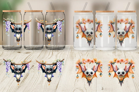 Glass Can Floral Vampire Bat Watercolor Sublimation artnoy 